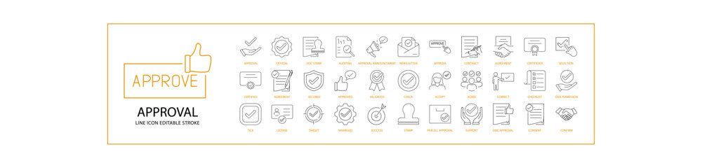Approval icon set. Containing approve, approval, approved, iconset, ok, accept, validation, agreements, confirmation, acceptance, vector, agree, handshake, signature, certified. Vector Illustration.
