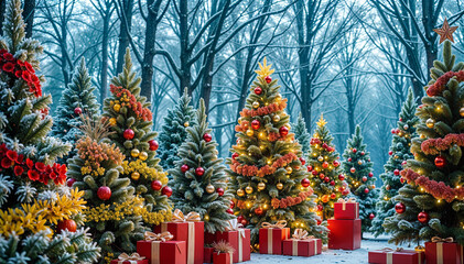 Christmas trees with red and golden garlands into a forest with snowy flakes with shape of stars close to xmas gifts in red boxes