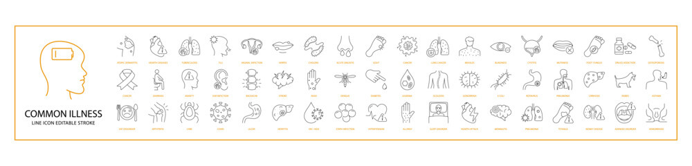 Common Illness Icon Set In Line Style. Containing insomnia, allergy, asthma, coronavirus, kidney, pneumonia, lyme disease, meningitis, malaria, mental illnesses, addiction, etc. Vector Illustration.