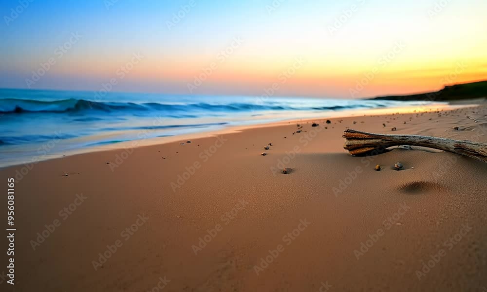 Sticker The camera follows the shoreline of a tranquil beach at sunset. The orange and pink hues of the sky reflect in the still waters, and seashells and driftwood dot the untouched sand.