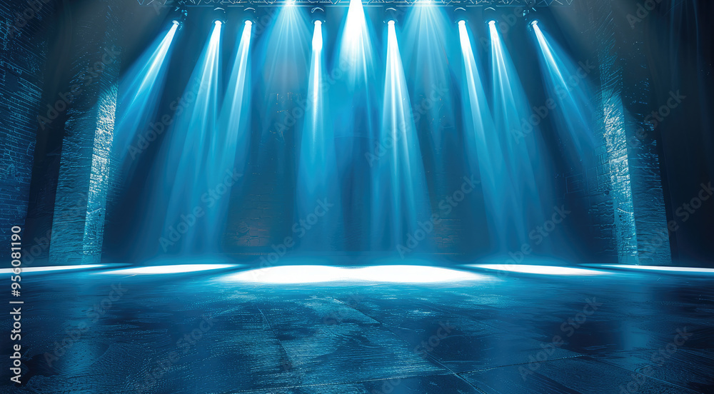 Aufkleber Stage lights backdrop with soft blue tones providing a calming and tranquil performance environment. Generative AI.