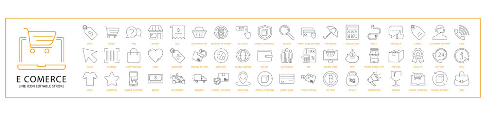 E Commerce Icon Set In Line Style. Containing delivery, business, sale, shop, payment, icon, cart, commerce, etc. Vector Illustration.