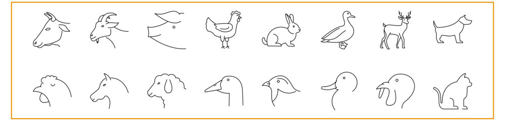 Obraz premium Farm And Animal Hunting Icon Set In Line Style. Containing pork, ducks, animals, fishing, chicken, cow, buffalo, etc. Vector Illustration.