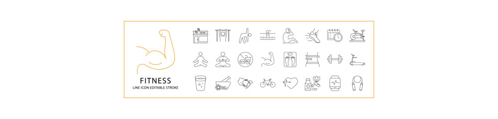 Fototapeta premium Fitness Icon Set In Line Style. Containing sport, exercise, gym, health, training, healthy, diet, weight, lifestyle, body, activity, etc. vector Illustration.