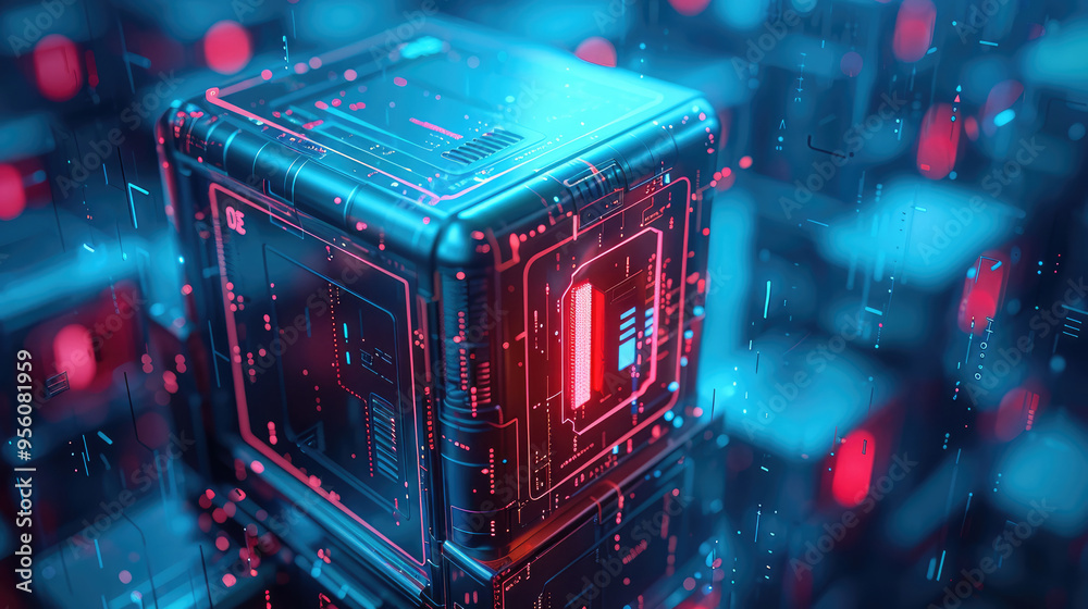 Fototapete Cyber security concept and digital data protection with a locker in a blue background created with technology. Generative AI.