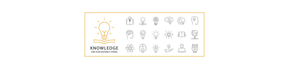 Knowledge Icon Set In Line Style. Containing idea, skill, school, book, study, education, etc. Vector Illustration.