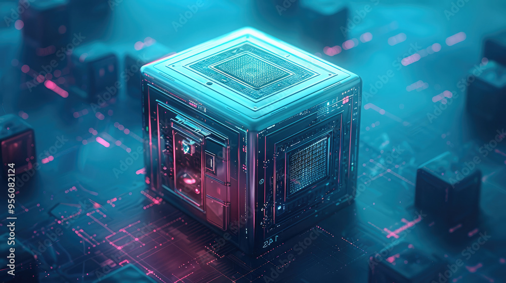 Poster Cyber security concept and digital data protection with a locker in a blue background created with technology. Generative AI.