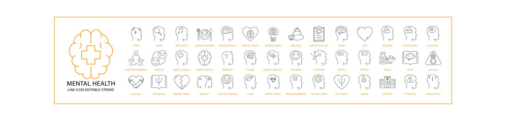 Mental Health Icon Set In line Style. Containing psychology, brain, mind, human, anxiety, line, person, head, disorder, etc. Vector Illustration.