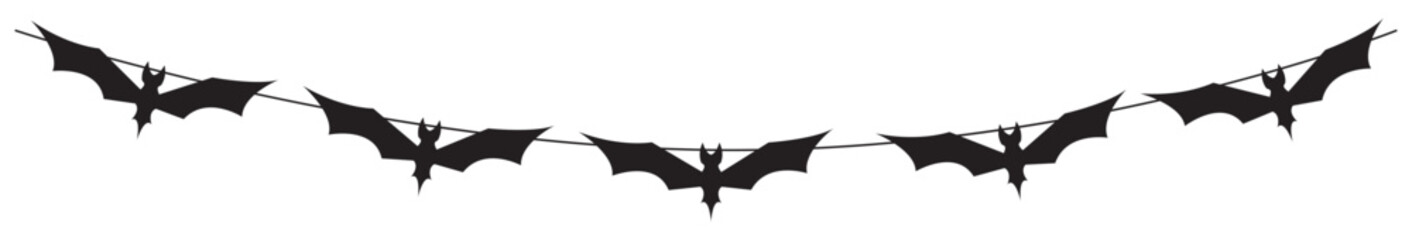 Halloween party decoration garland with bats, pumpkins, witch hat. Cute Jack O Lantern Evil Pumpkin Garland for Halloween. Simple banner hanging party classy decor vector element.