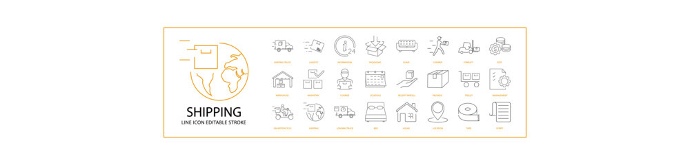 Shipping Icon Set In Line Style. Containing shipping, delivery, shipment, logistic, cargo, transportation, distribution, business, container, package etc. Vector Illustration.