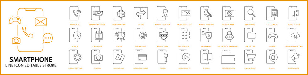 Smartphone Function Icon Set In Line Style. Containing 