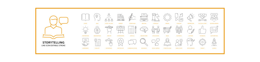 Fototapeta premium Story Telling Icon Set In Line Style. Containing author, creativity, page, feedback, sign, influencer. Vector Illustration.