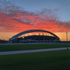 Fototapeta premium Sunset over the Khalifa International Stadium, with the venue ready for a major sporting event.