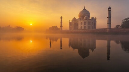 Naklejka premium Taj Mahal glowing in the golden sunrise, reflected in the still waters of the Yamuna River, Agra, India