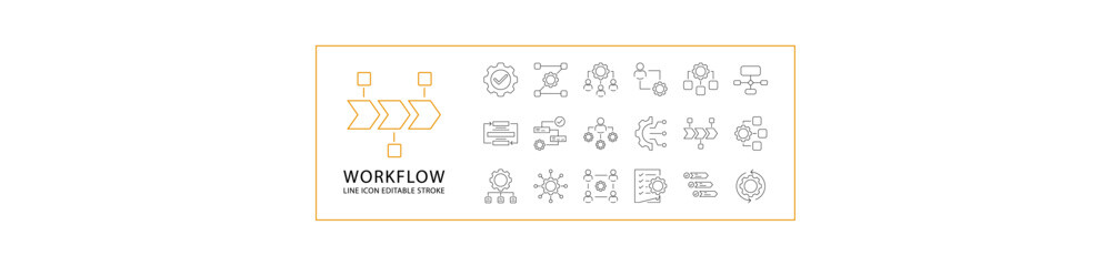 Workflow Icon Set In Line Style. Containing process, strategy, productivity, automation, collection,  efficiency, success, work, chart, development, etc. Vector Illustration.