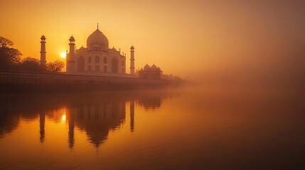 Taj Mahal glowing in the golden sunrise, reflected in the still waters of the Yamuna River, Agra, India
