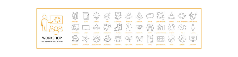 Workshop Icon  Set In line Style. Containing conference, team, human, business, teamwork, group, seminar, person, meeting, leadership, presentation, etc. Vector Illustration.