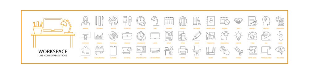 Workspace Icon Set In line In Style. Containing desk, office, workplace, work, laptop, chair, business, computer, meeting, outline, businessman, team, table, presentation, etc. Vector Illustration.
