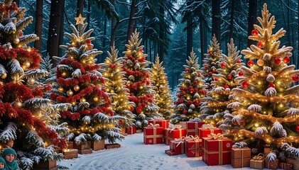 Christmas trees with red and golden garlands into a forest with snowy flakes with shape of stars close to xmas gifts in red boxes
