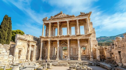 Obraz premium The ancient ruins of Ephesus, showcasing the grandeur of the Library of Celsus under a clear blue sky.