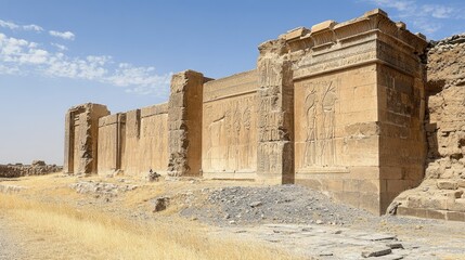 The ancient ruins of Nimrud, with stone carvings and reliefs visible on the walls
