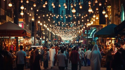 The bustling streets of Dubai during the holy month of Ramadan, with illuminated decorations and people gathering for iftar.