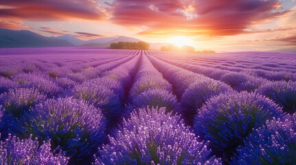 Obraz premium A field of lavender in full bloom under the vibrant hues of twilight, creating an enchanting and serene scene. The purple flowers form long rows. Generative AI.