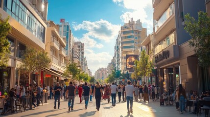 Obraz premium The bustling streets of Izmir, with modern buildings, cafes, and people walking by.