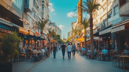Fototapeta premium The bustling streets of Izmir, with modern buildings, cafes, and people walking by.