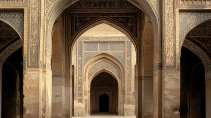 The grand arches of the Abbasid Palace in Baghdad, with intricate stone carvings