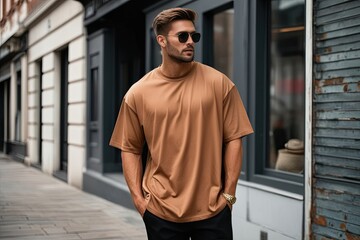 Obraz premium Tan Oversized T-Shirt for Men Embracing Trendy Casual Fashion