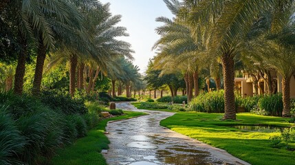 The lush greenery of the Al Ain Oasis, with palm trees, walking paths, and traditional falaj irrigation channels.