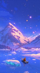 Fototapeta premium Enchanting Winter Starry Night: Soothing Anime-Style Illustration of Ice and Snow Travel. Versatile Design for Home Decor, NFT Art, Apparel, and Tourism Marketing. AI-Generated 4K Wallpaper Celebratin