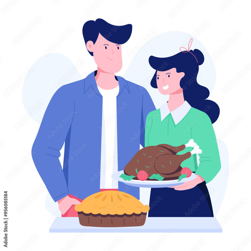 Canvas Prints couple preparing thanksgiving dinner, flat illustration