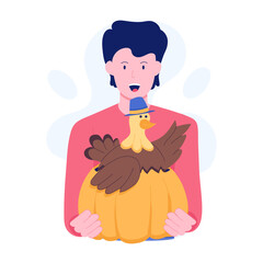 Boy holding thanksgiving turkey and pumpkin, flat illustration 