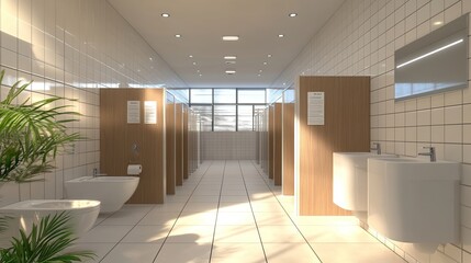 Fototapeta premium Bright well lit public bathroom with an open toilet