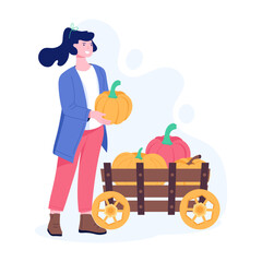 Girl with pumpkin cart, flat illustration  