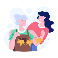 Girl doing thanksgiving decor with grandmother, flat illustration 