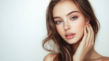 Fototapeta premium Portrait of a beautiful woman with long brown hair and blue eyes