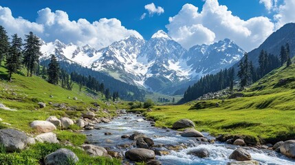The serene beauty of the Kackar Mountains, with snow-capped peaks and lush green valleys.