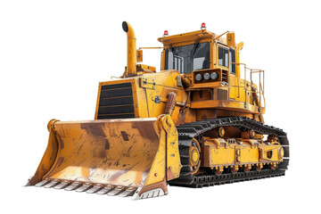 A powerful yellow bulldozer ready for construction and excavation work on a site, showcasing heavy machinery in action.
