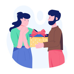 Boy giving gift to wife, flat illustration  