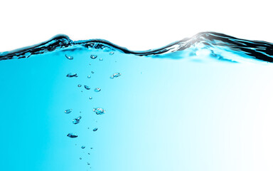 Air Bubbles Float Up Under Water. Blue Water Wave. Oxygen Relaxation. Pure Water on White Background.