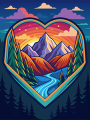 Mountains, River, and Forest Framed by a Heart Shape at Sunset