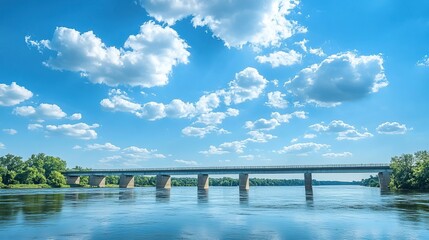 Obraz premium Concrete bridge across calm river with bright cloudy blue sky in the background