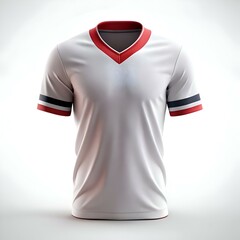 White V neck jersey with red and navy blue trim.