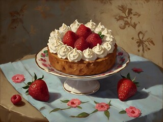 cupcake cake for Valentine's day pink with strawberries painted with paints, AI generated