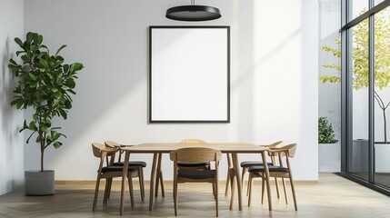 Chic dining room with white walls and empty photo frames. The dining table is neatly arranged near the glass window.