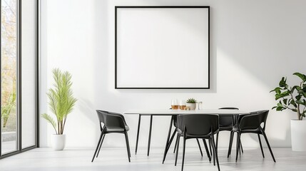 Chic dining room with white walls and empty photo frames. The dining table is neatly arranged near the glass window.