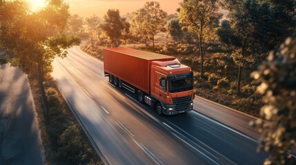 Obraz premium Semi-trailer Truck Driving on Road at Sunset